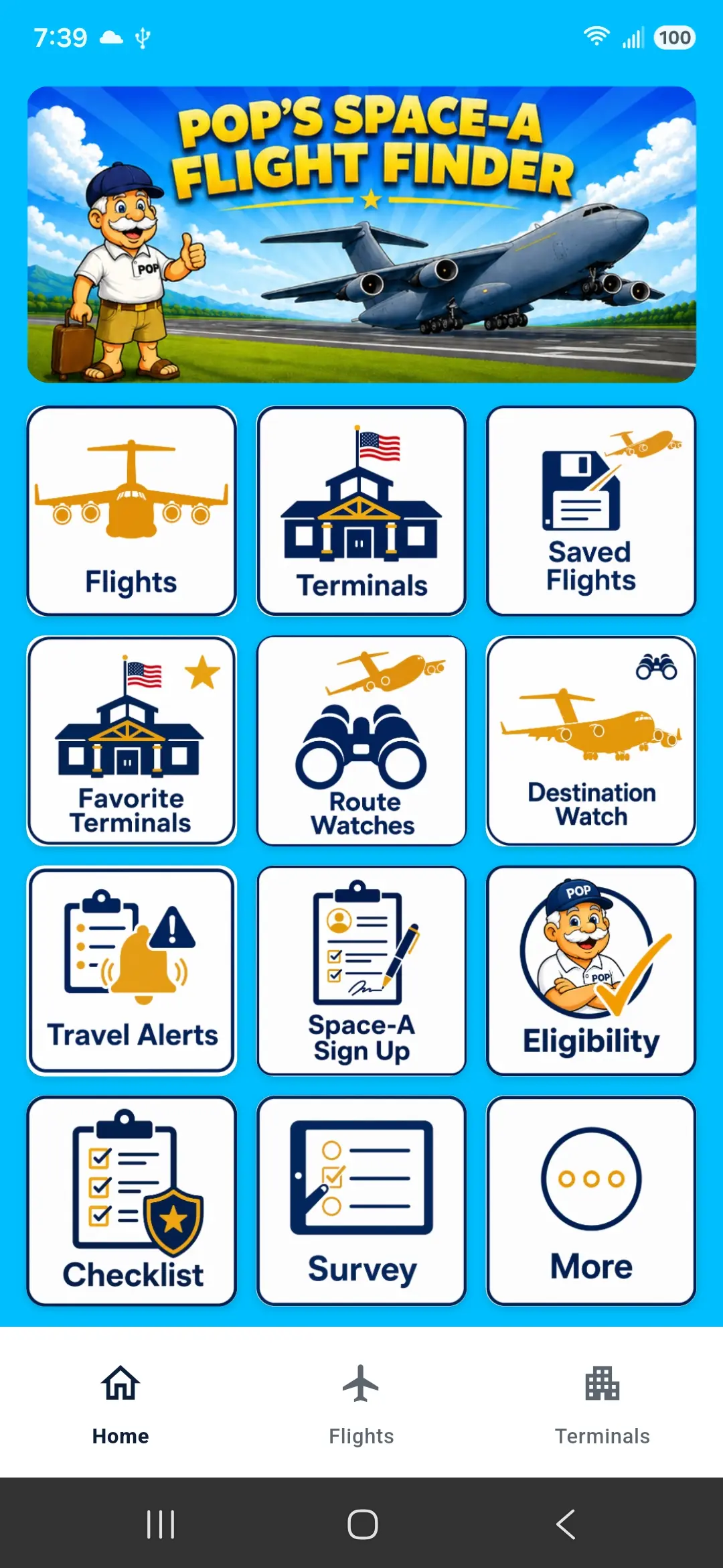 Preview of the Pop's Space-A Flight Finder app Home screen