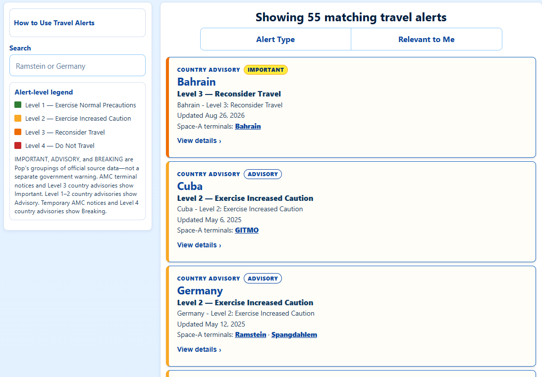 Travel Alerts list showing country advisories for Bahrain, Cuba, and Germany