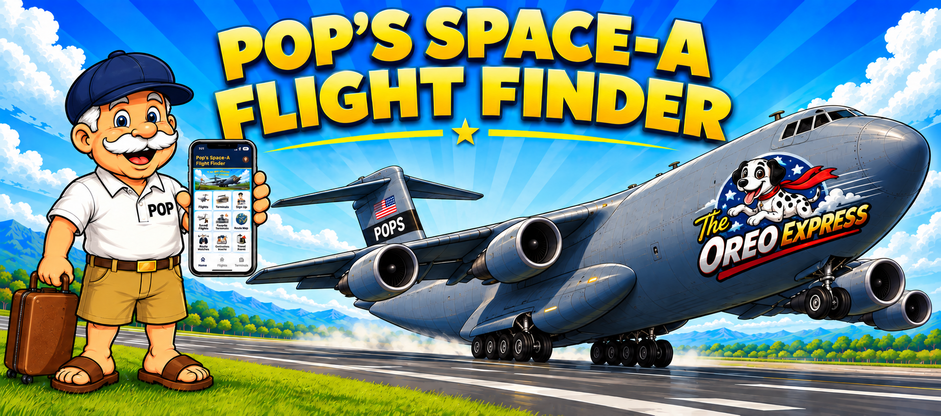 Pop with a suitcase and phone beside the Oreo Express cargo plane under the Pop's Space-A Flight Finder title